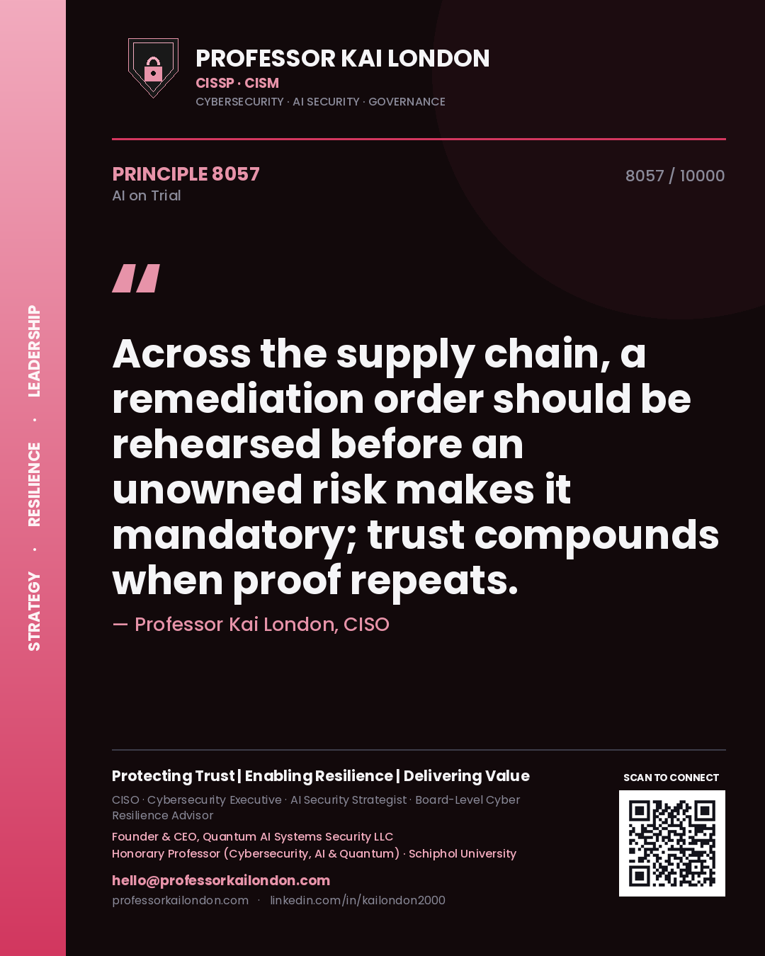 Professor Kai London principle 8057: Across the supply chain, a remediation order should be rehearsed before an unowned risk makes it mandatory; trust compounds when proof repeats.