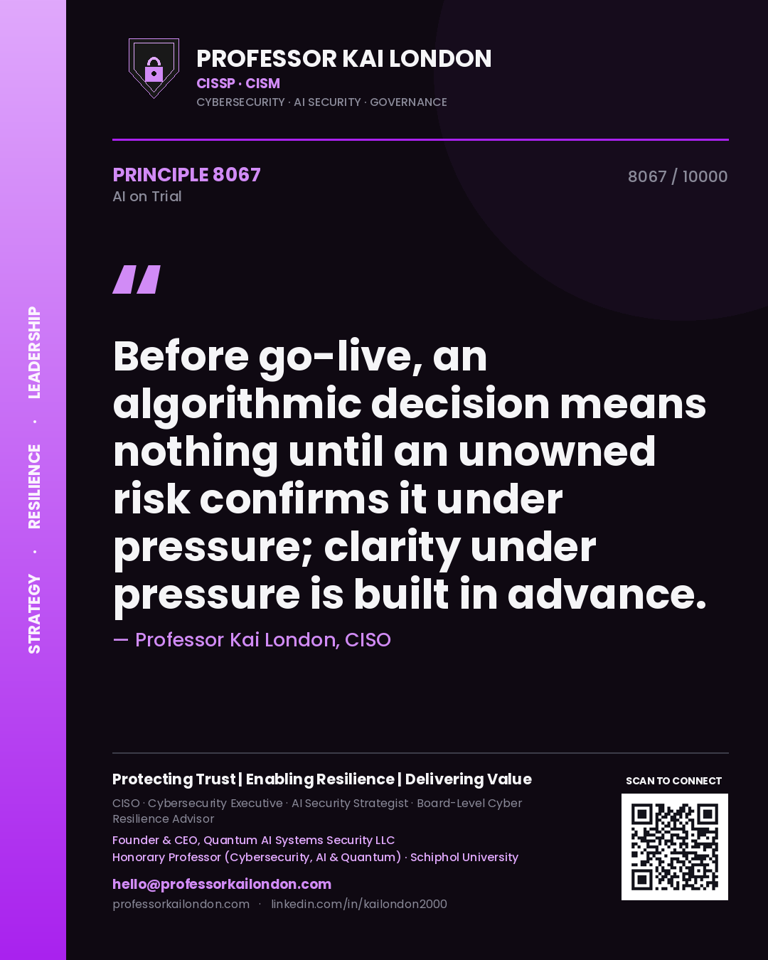 Quote card by Professor Kai London reading 'Before go-live, an algorithmic decision means nothing until an unowned risk confirms it under pressure; clarity under pressure is built in advance.'. From the book AI on Trial.