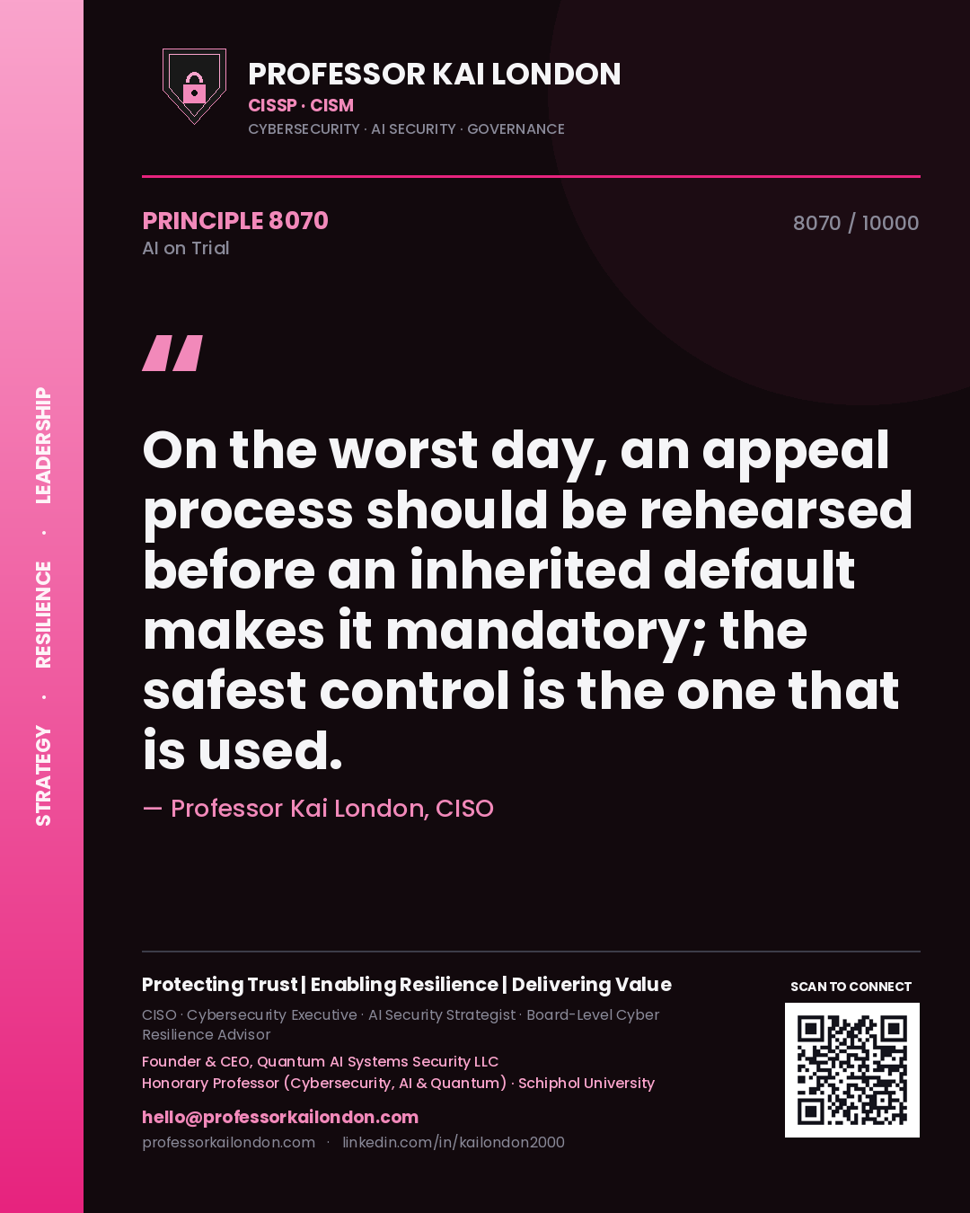 Professor Kai London principle 8070: On the worst day, an appeal process should be rehearsed before an inherited default makes it mandatory; the safest control is the one that is used.
