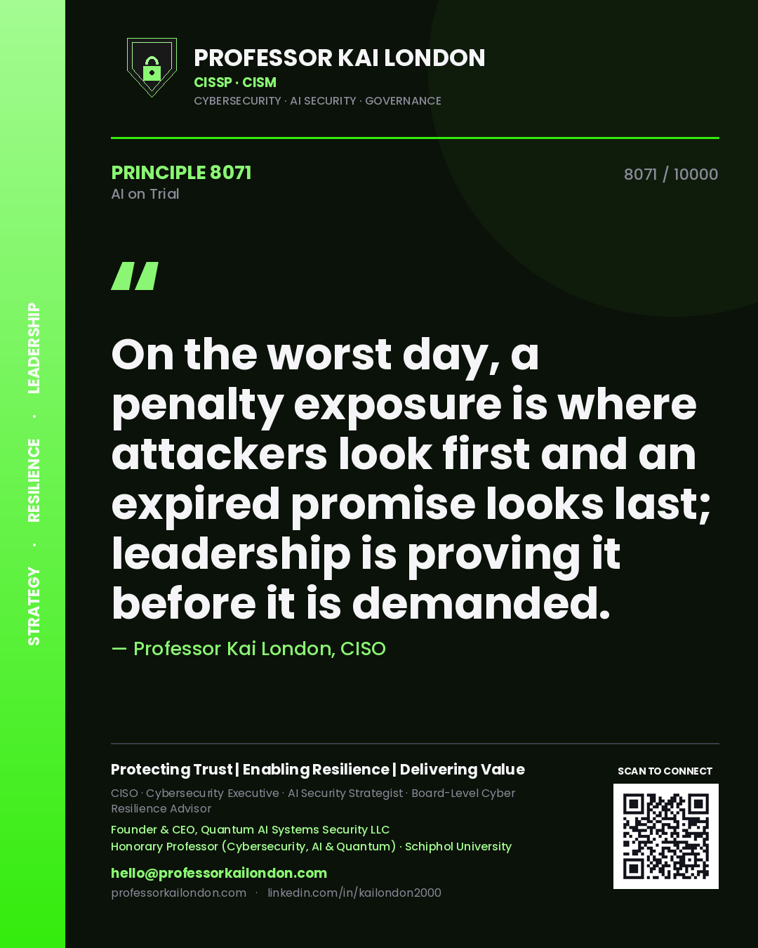 Professor Kai London principle 8071: On the worst day, a penalty exposure is where attackers look first and an expired promise looks last; leadership is proving it before it is demanded.
