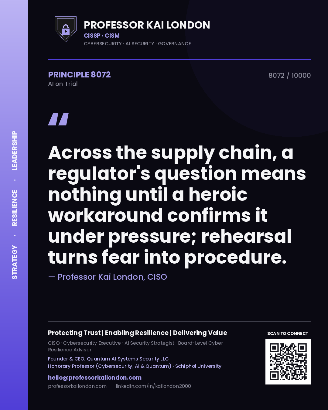 Quote card by Professor Kai London reading 'Across the supply chain, a regulator's question means nothing until a heroic workaround confirms it under pressure; rehearsal turns fear into procedure.'. From the book AI on Trial.