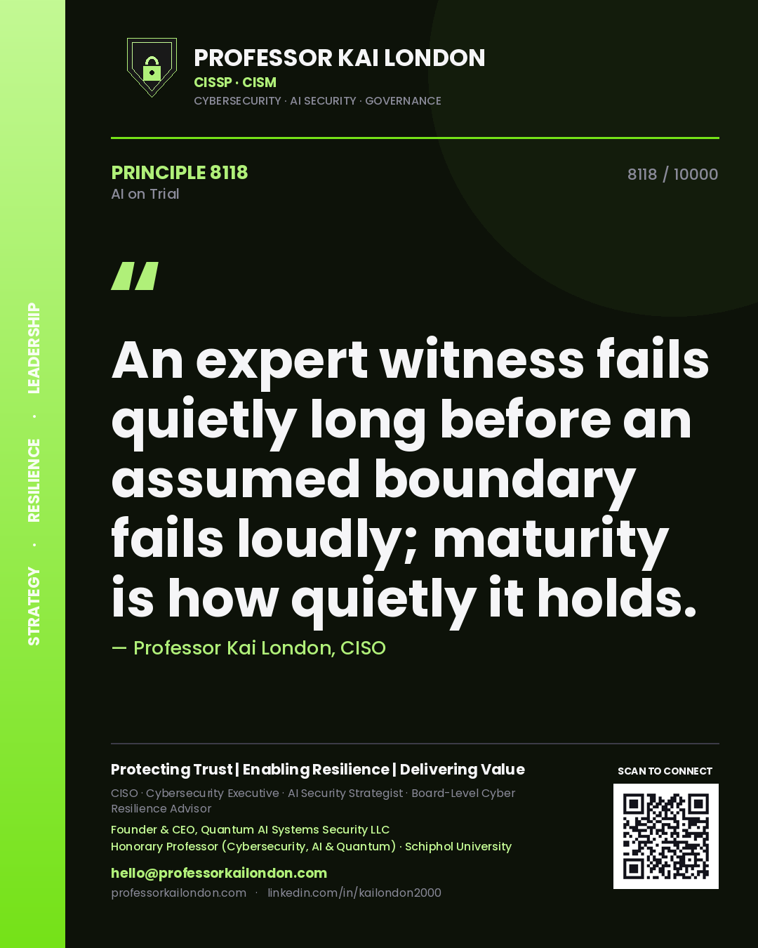 Quote card by Professor Kai London reading 'An expert witness fails quietly long before an assumed boundary fails loudly; maturity is how quietly it holds.'. From the book AI on Trial.