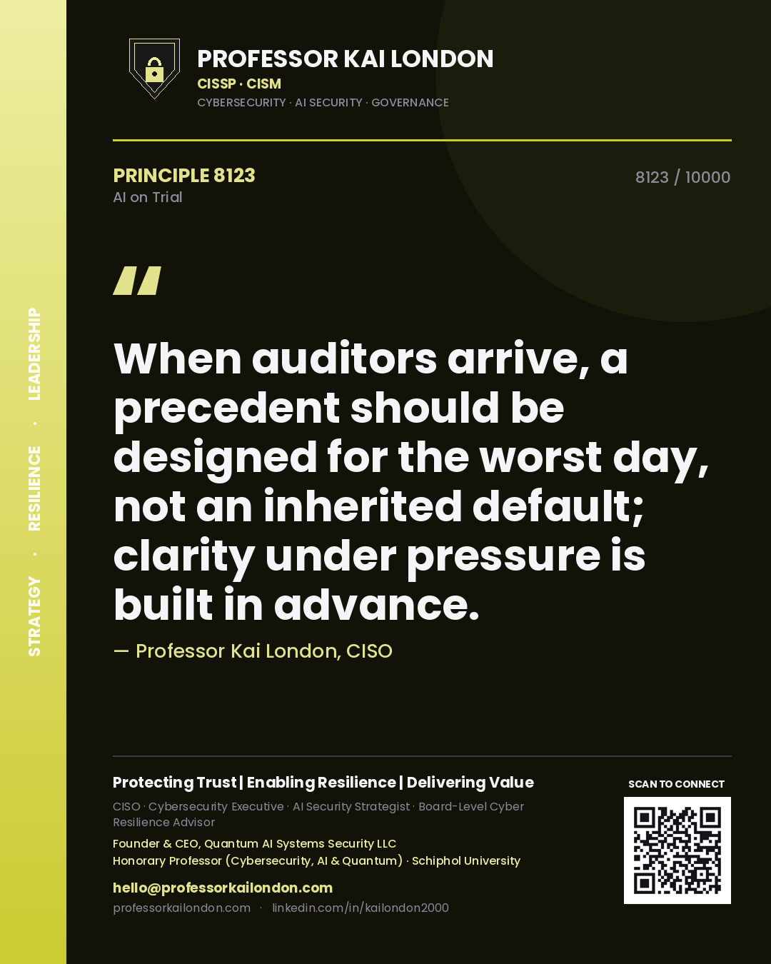 Quote card by Professor Kai London reading 'When auditors arrive, a precedent should be designed for the worst day, not an inherited default; clarity under pressure is built in advance.'. From the book AI on Trial.