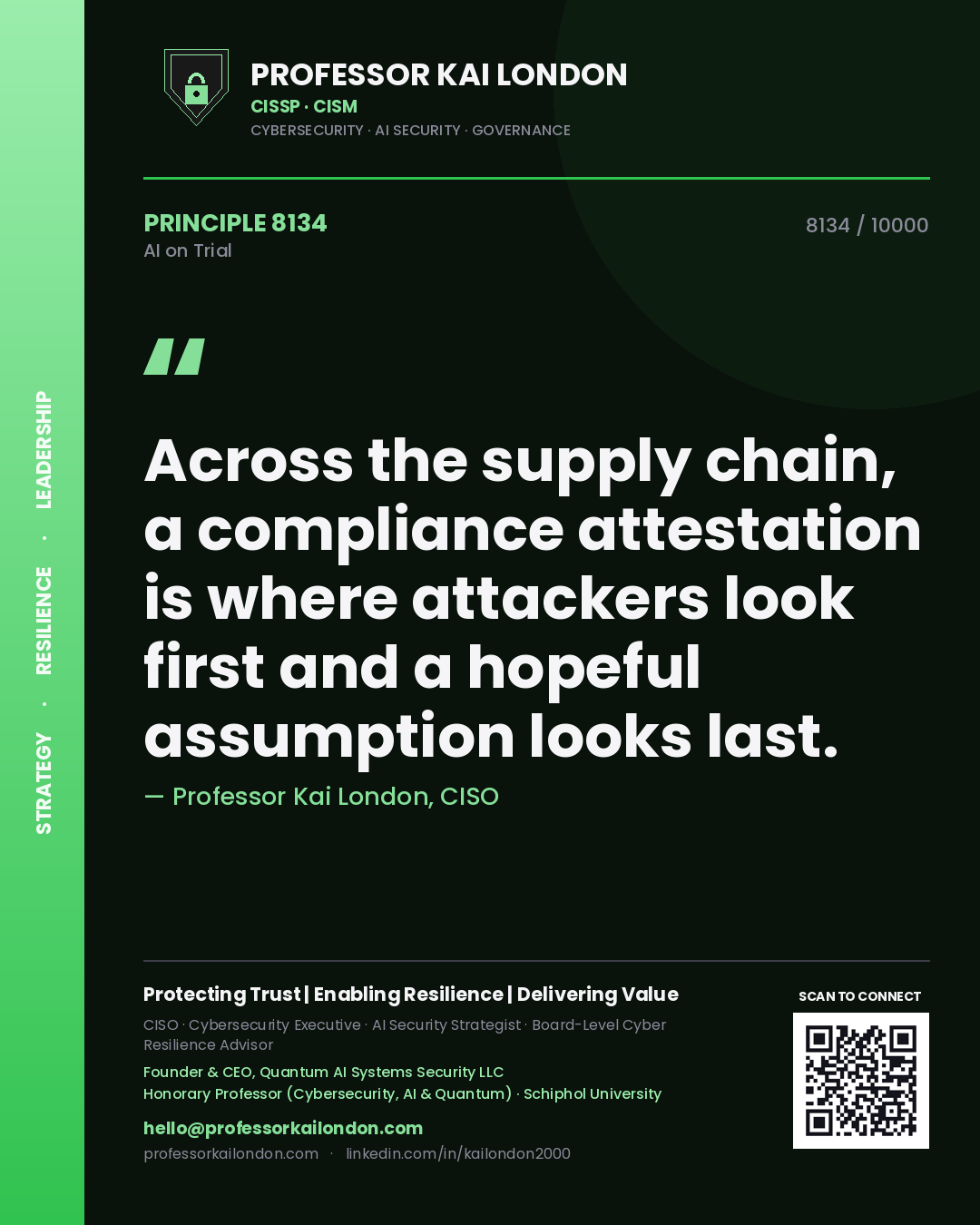 Quote card by Professor Kai London reading 'Across the supply chain, a compliance attestation is where attackers look first and a hopeful assumption looks last.'. From the book AI on Trial.
