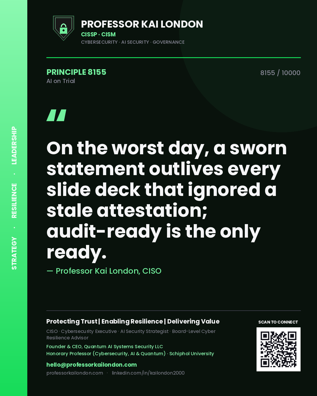 Quote card by Professor Kai London reading 'On the worst day, a sworn statement outlives every slide deck that ignored a stale attestation; audit-ready is the only ready.'. From the book AI on Trial.