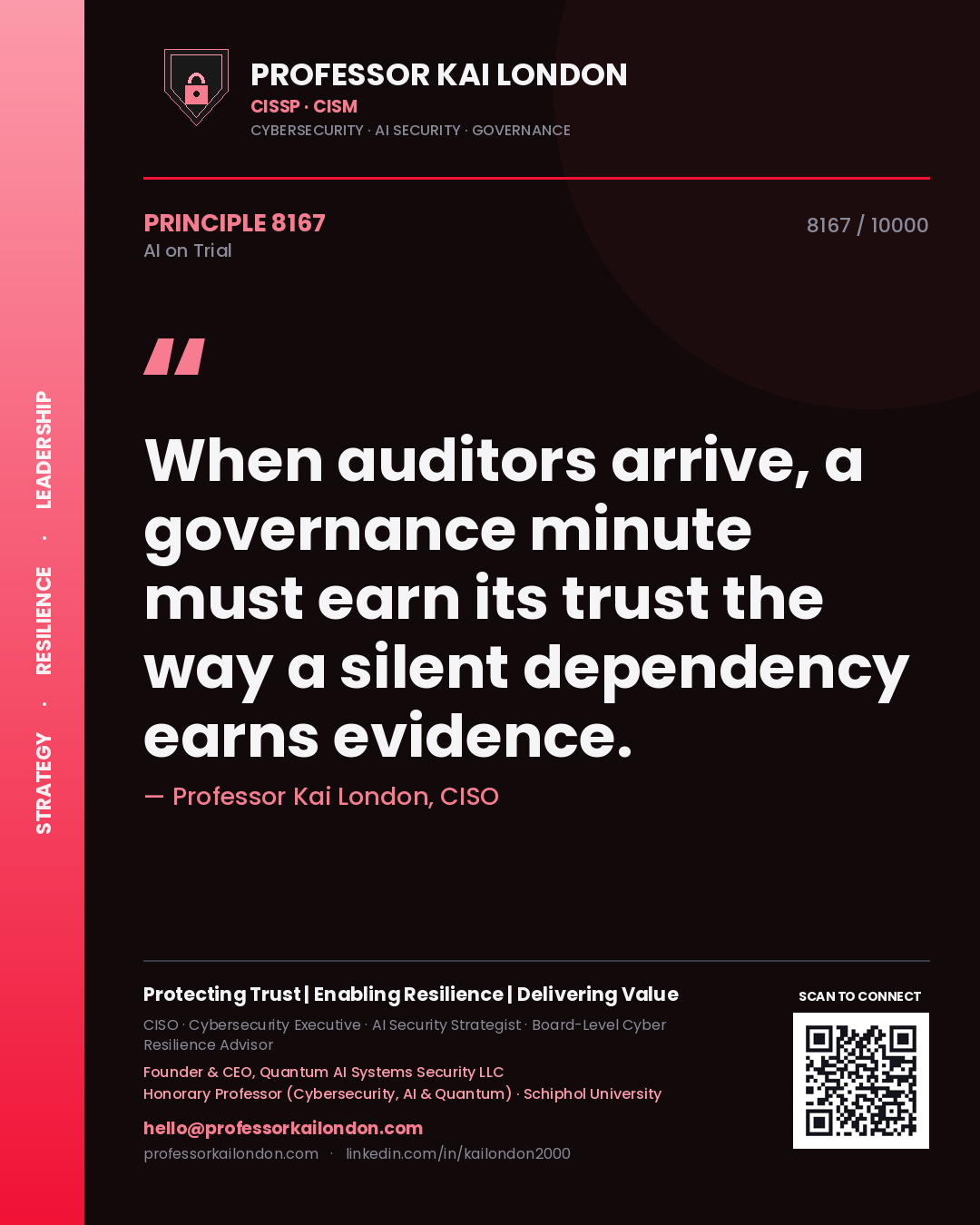 Quote card by Professor Kai London reading 'When auditors arrive, a governance minute must earn its trust the way a silent dependency earns evidence.'. From the book AI on Trial.