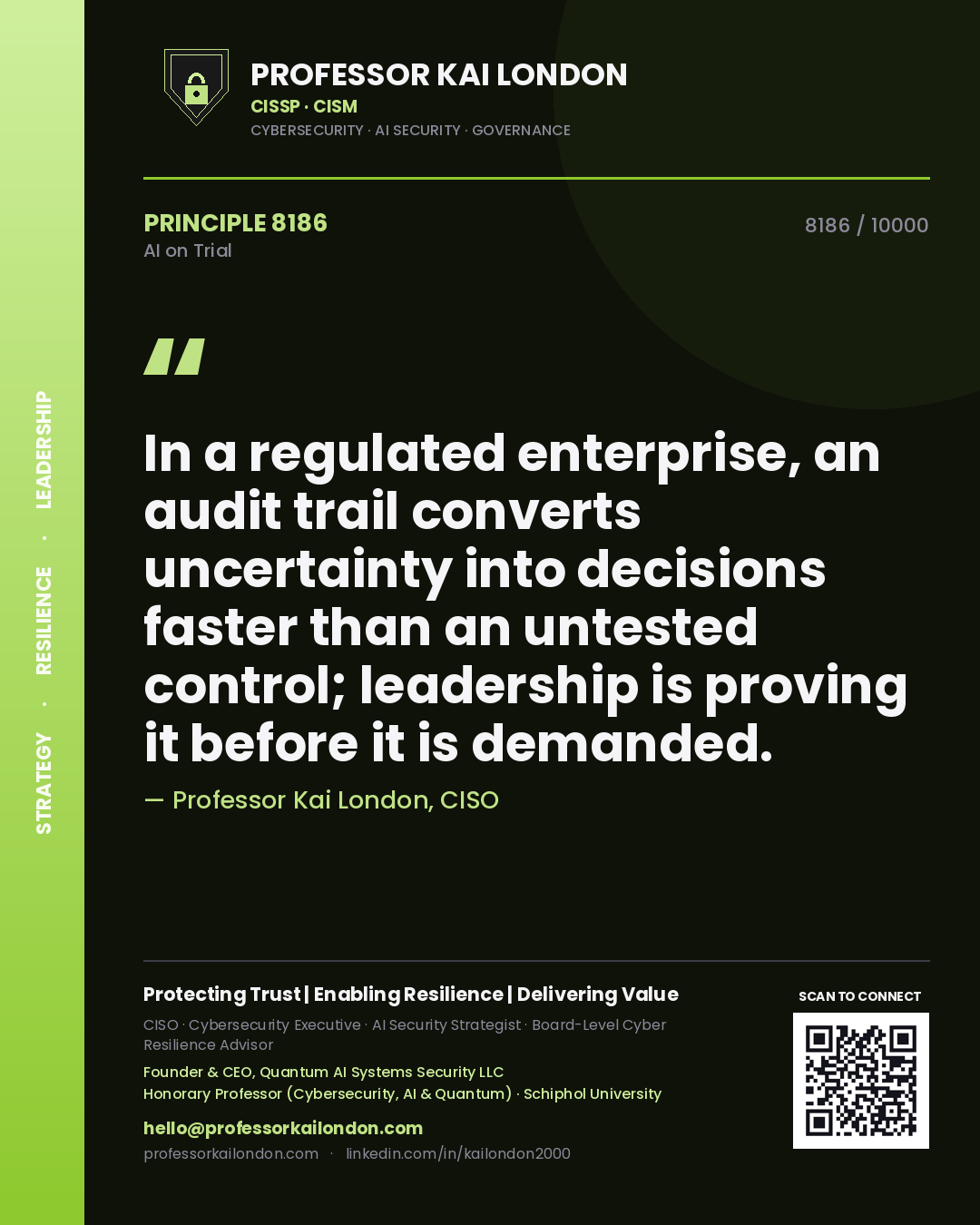 Professor Kai London principle 8186: In a regulated enterprise, an audit trail converts uncertainty into decisions faster than an untested control; leadership is proving it before it is demanded.