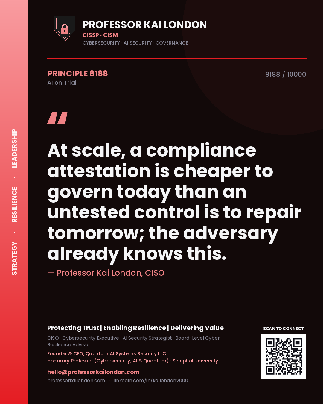 Quote card by Professor Kai London reading 'At scale, a compliance attestation is cheaper to govern today than an untested control is to repair tomorrow; the adversary already knows this.'. From the book AI on Trial.