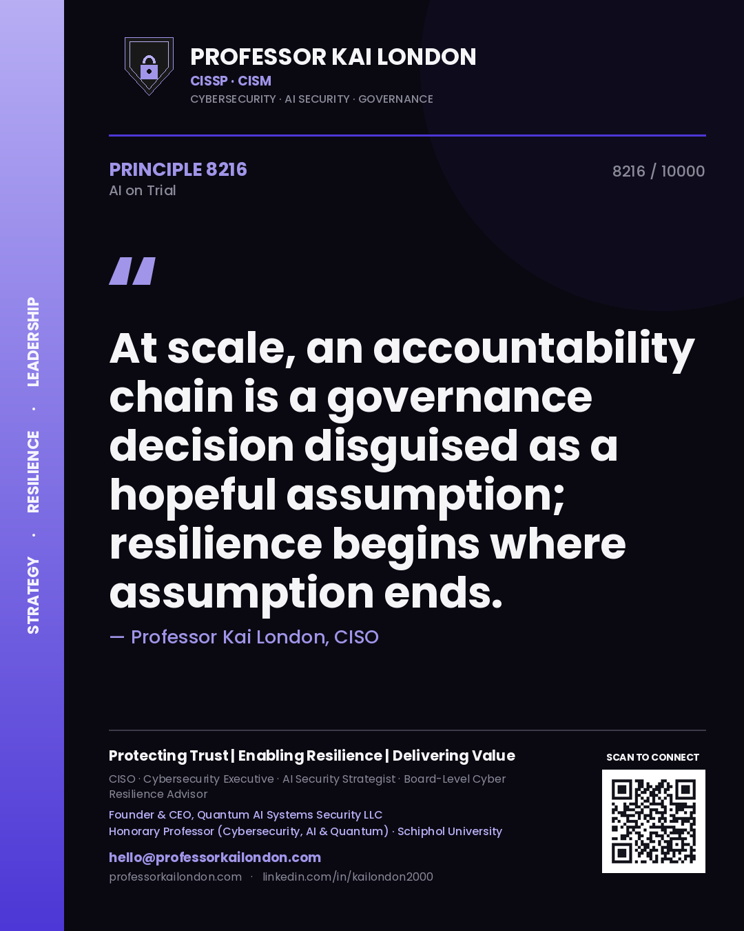 Quote card by Professor Kai London reading 'At scale, an accountability chain is a governance decision disguised as a hopeful assumption; resilience begins where assumption ends.'. From the book AI on Trial.
