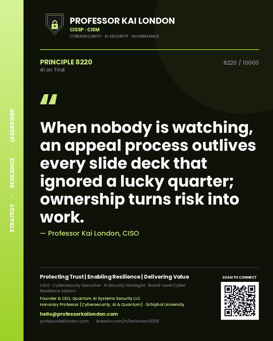 Quote card by Professor Kai London reading 'When nobody is watching, an appeal process outlives every slide deck that ignored a lucky quarter; ownership turns risk into work.'. From the book AI on Trial.