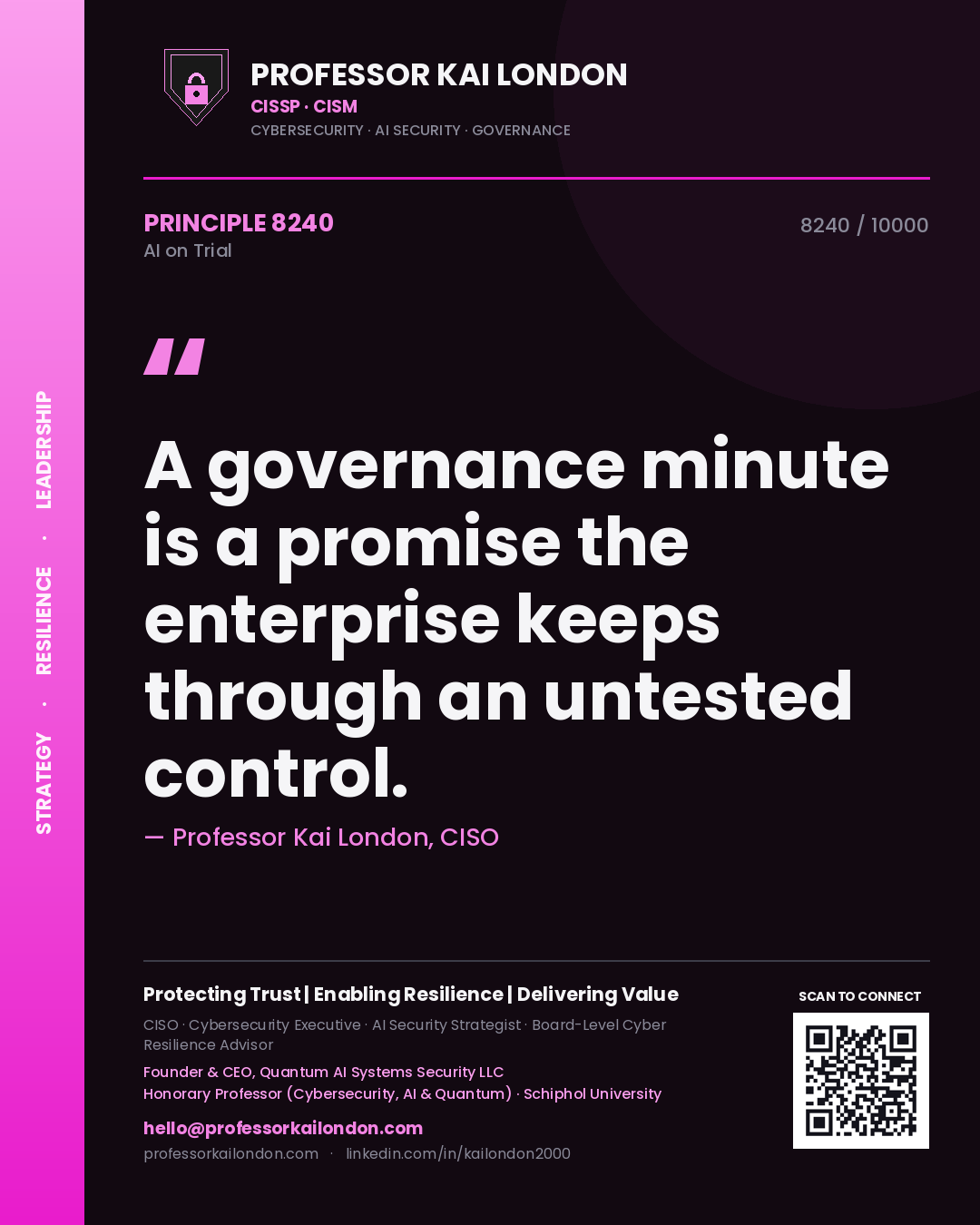 Quote card by Professor Kai London reading 'A governance minute is a promise the enterprise keeps through an untested control.'. From the book AI on Trial.