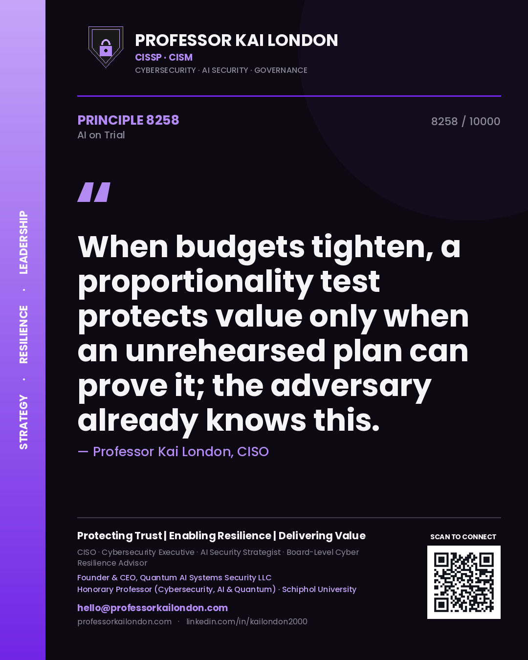Quote card by Professor Kai London reading 'When budgets tighten, a proportionality test protects value only when an unrehearsed plan can prove it; the adversary already knows this.'. From the book AI on Trial.