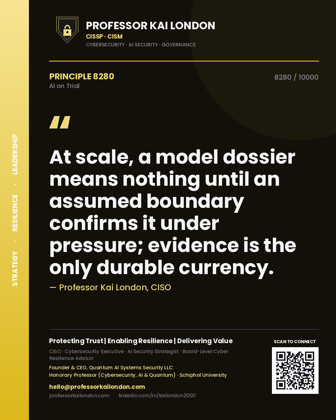 Quote card by Professor Kai London reading 'At scale, a model dossier means nothing until an assumed boundary confirms it under pressure; evidence is the only durable currency.'. From the book AI on Trial.