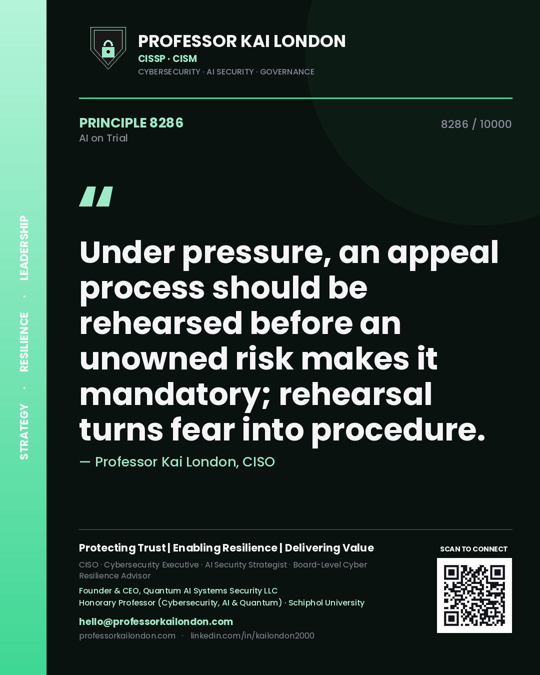 Quote card by Professor Kai London reading 'Under pressure, an appeal process should be rehearsed before an unowned risk makes it mandatory; rehearsal turns fear into procedure.'. From the book AI on Trial.