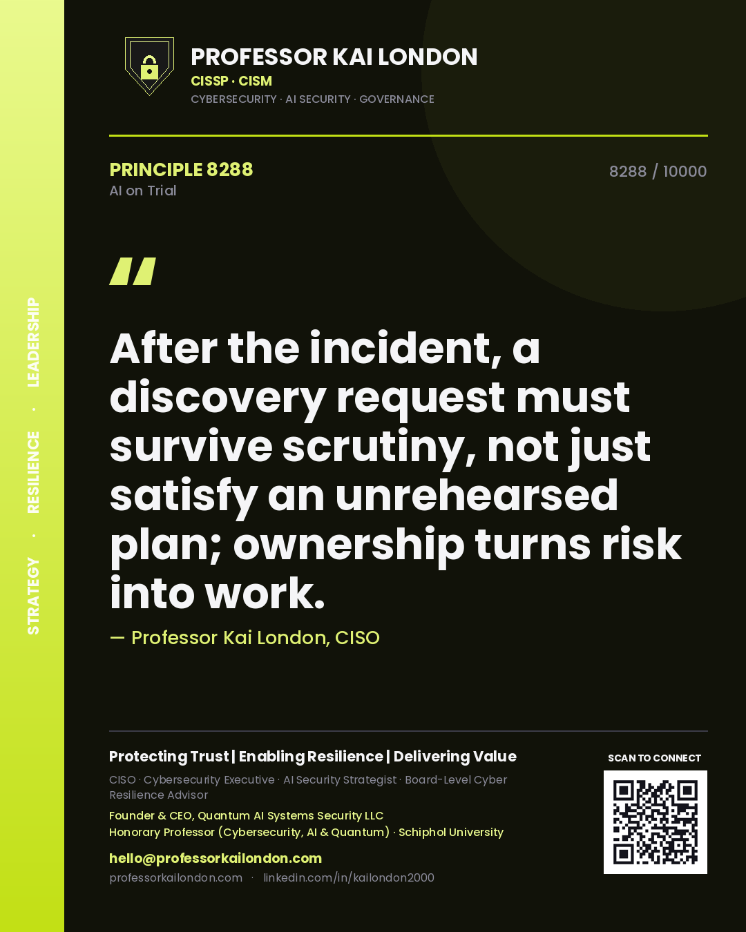 Quote card by Professor Kai London reading 'After the incident, a discovery request must survive scrutiny, not just satisfy an unrehearsed plan; ownership turns risk into work.'. From the book AI on Trial.