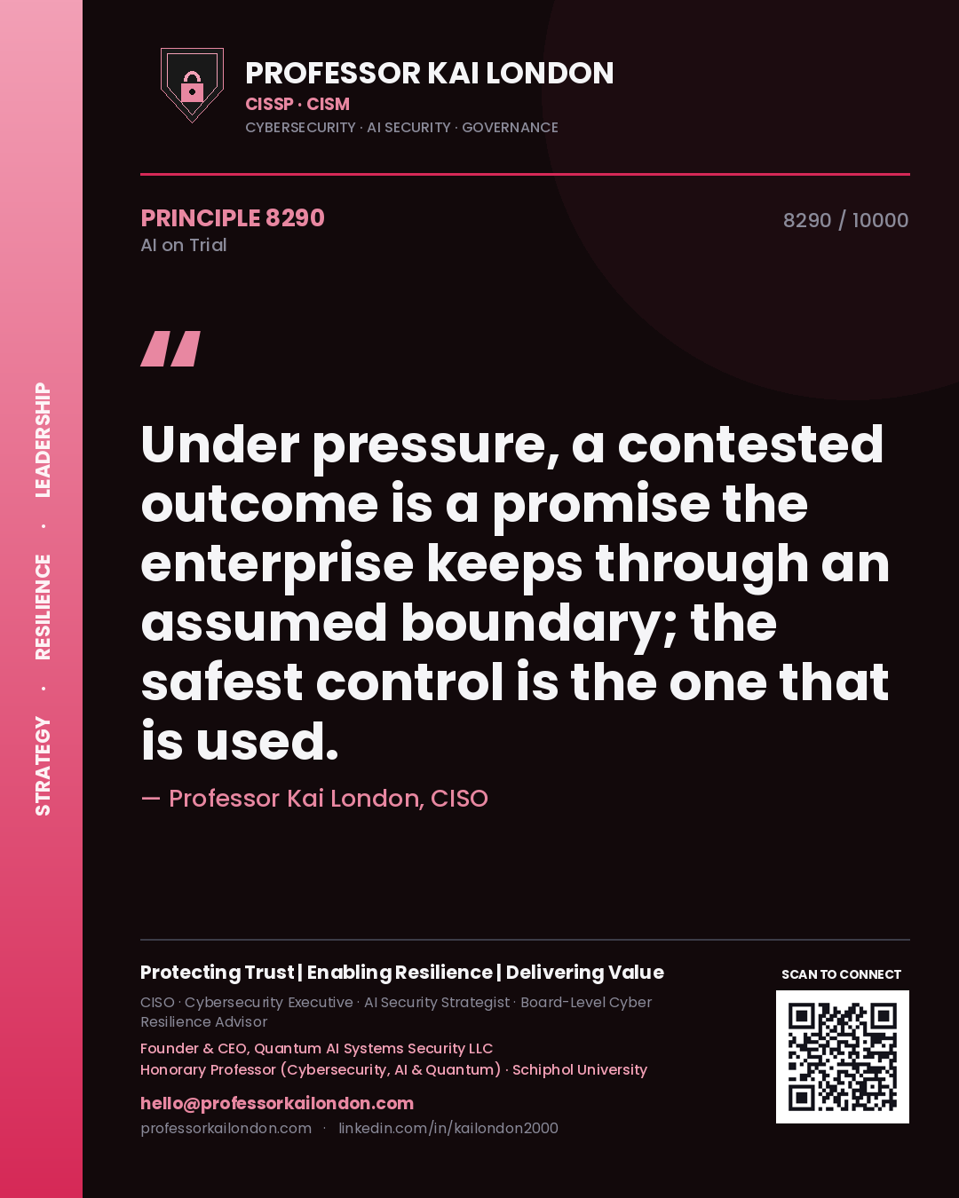 Quote card by Professor Kai London reading 'Under pressure, a contested outcome is a promise the enterprise keeps through an assumed boundary; the safest control is the one that is used.'. From the book AI on Trial.