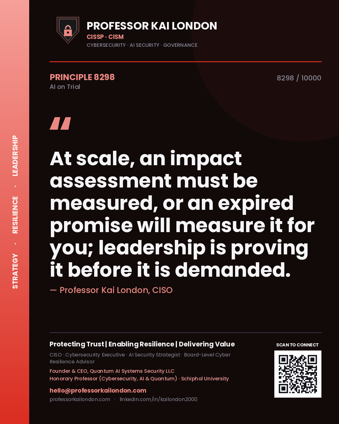Quote card by Professor Kai London reading 'At scale, an impact assessment must be measured, or an expired promise will measure it for you; leadership is proving it before it is demanded.'. From the book AI on Trial.