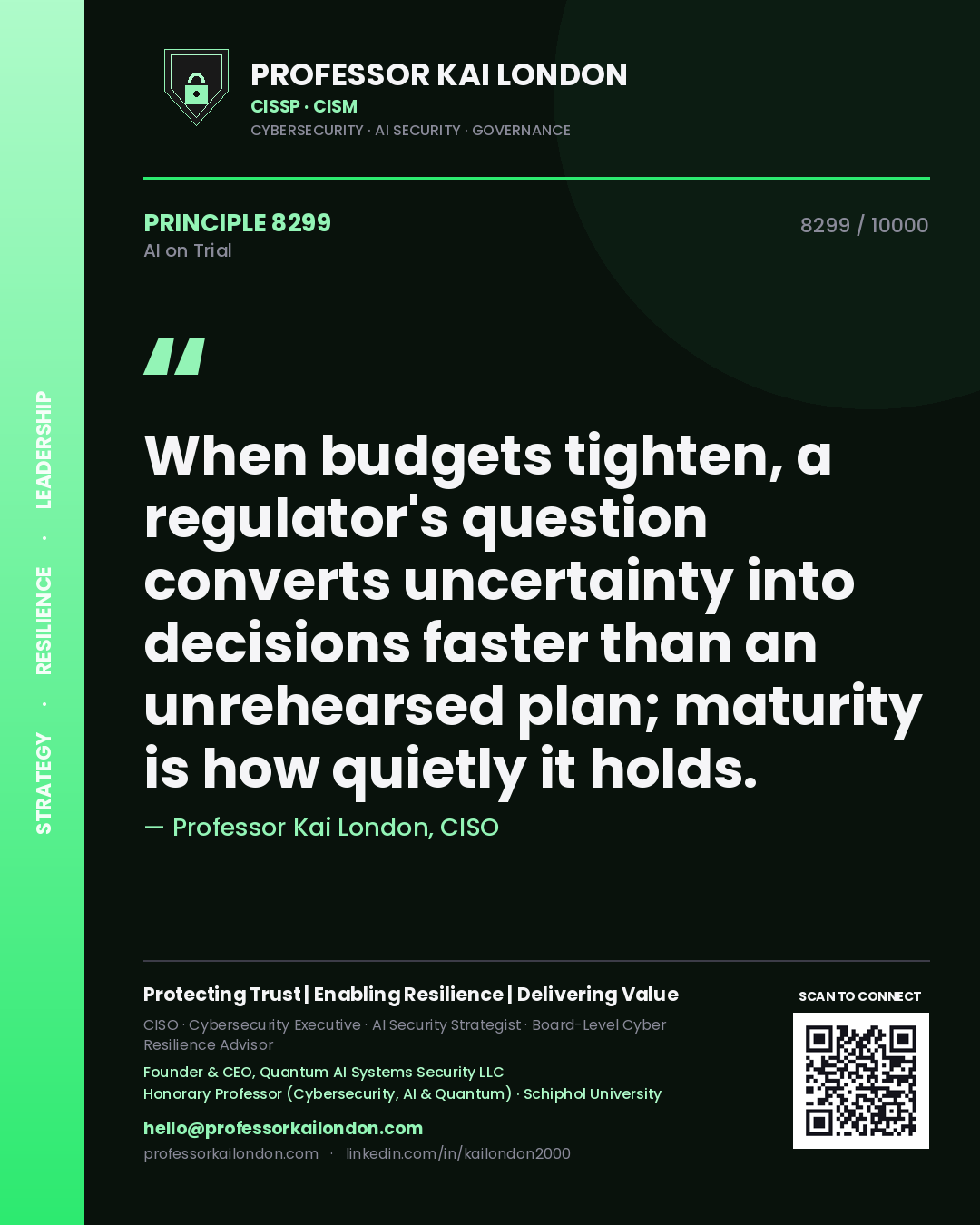 Quote card by Professor Kai London reading 'When budgets tighten, a regulator's question converts uncertainty into decisions faster than an unrehearsed plan; maturity is how quietly it holds.'. From the book AI on Trial.