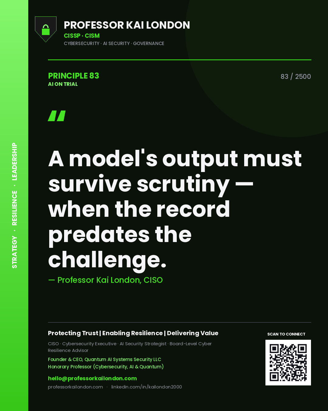 Professor Kai London principle 83: A model's output must survive scrutiny — when the record predates the challenge.