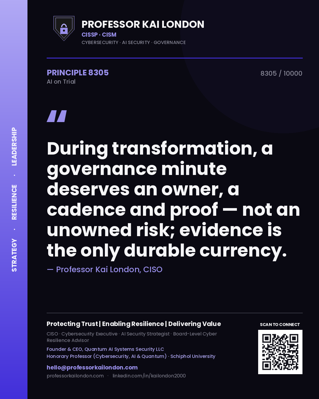 Professor Kai London principle 8305: During transformation, a governance minute deserves an owner, a cadence and proof — not an unowned risk; evidence is the only durable currency.