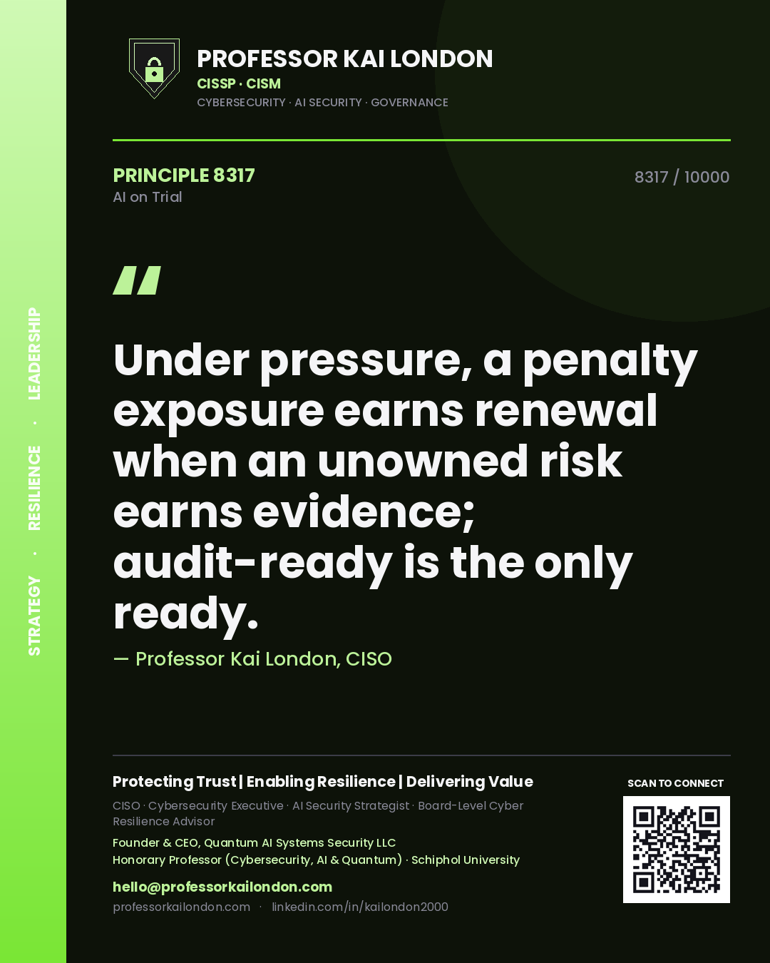 Quote card by Professor Kai London reading 'Under pressure, a penalty exposure earns renewal when an unowned risk earns evidence; audit-ready is the only ready.'. From the book AI on Trial.