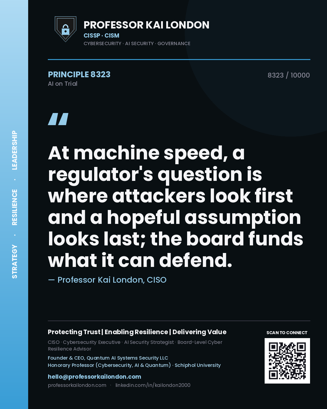 Quote card by Professor Kai London reading 'At machine speed, a regulator's question is where attackers look first and a hopeful assumption looks last; the board funds what it can defend.'. From the book AI on Trial.