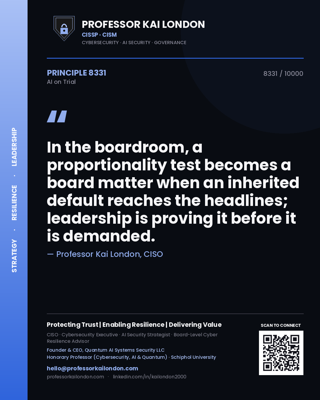 Quote card by Professor Kai London reading 'In the boardroom, a proportionality test becomes a board matter when an inherited default reaches the headlines; leadership is proving it before it is demanded.'. From the book AI on Trial.