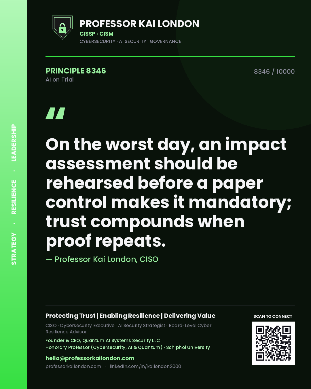 Quote card by Professor Kai London reading 'On the worst day, an impact assessment should be rehearsed before a paper control makes it mandatory; trust compounds when proof repeats.'. From the book AI on Trial.