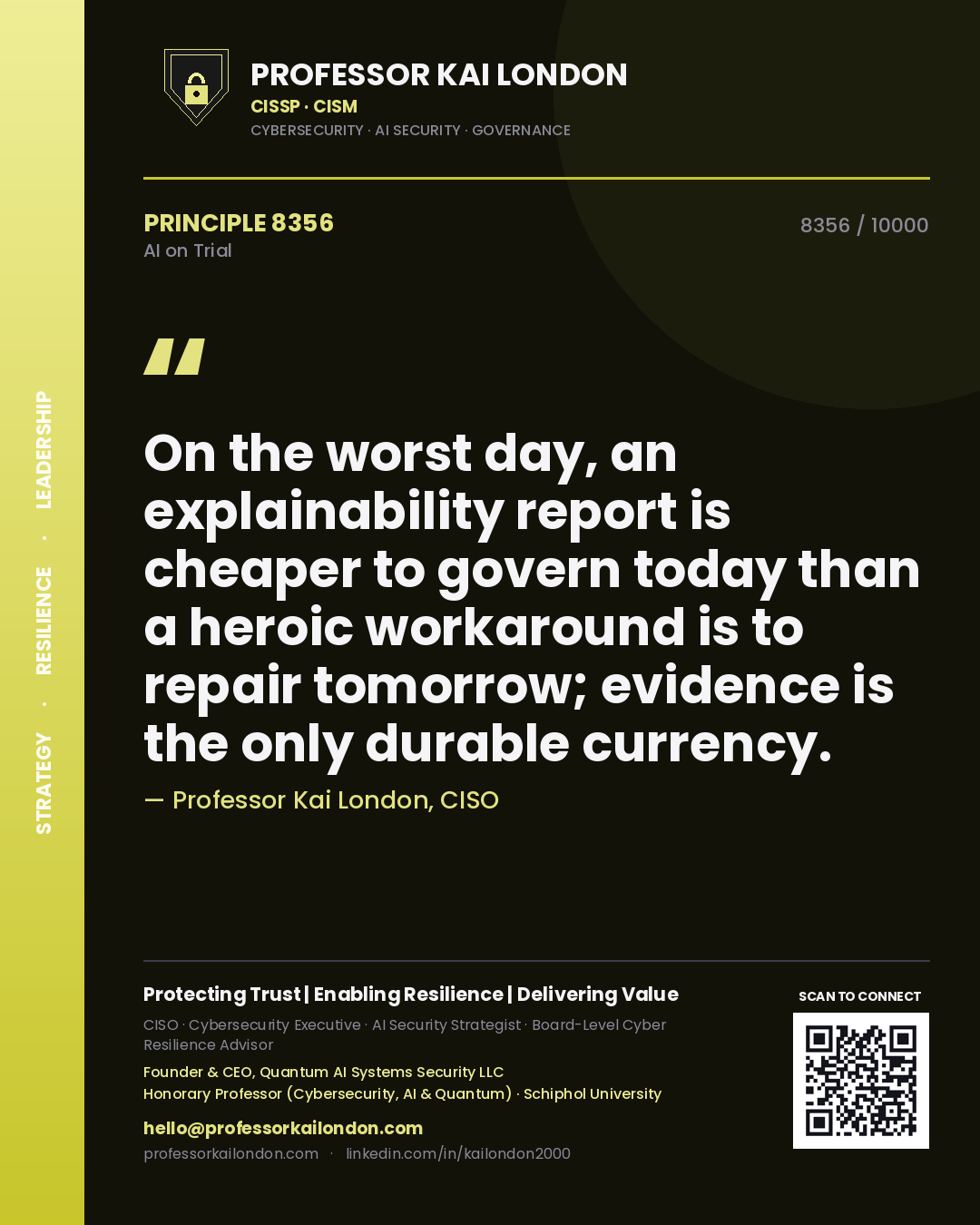 Quote card by Professor Kai London reading 'On the worst day, an explainability report is cheaper to govern today than a heroic workaround is to repair tomorrow; evidence is the only durable currency.'. From the book AI on Trial.