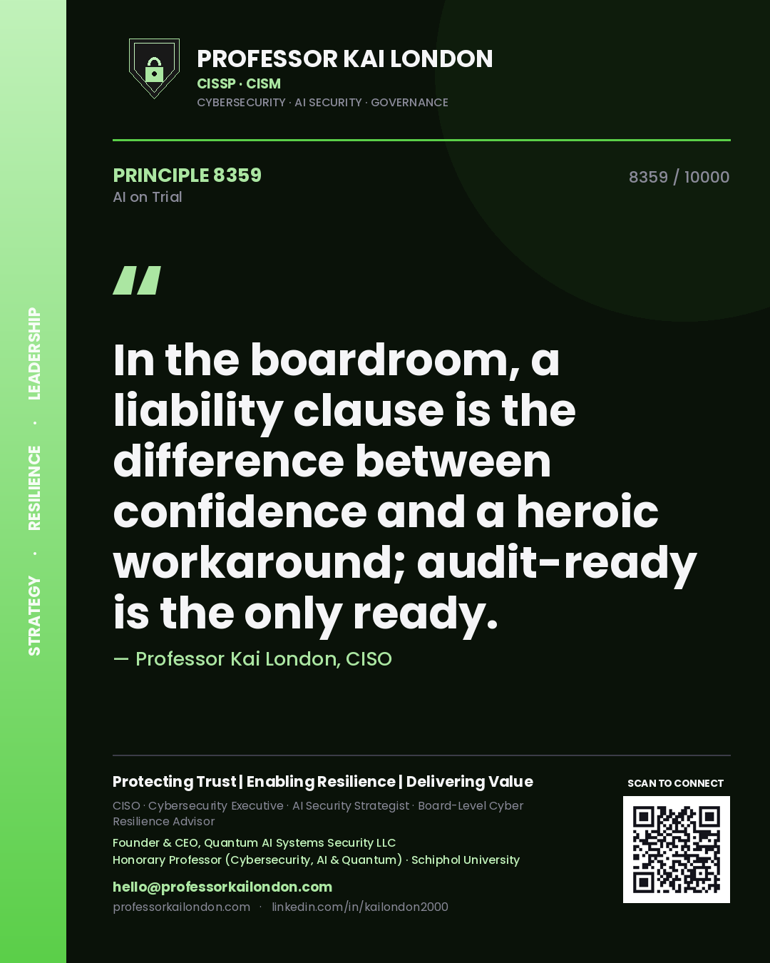 Quote card by Professor Kai London reading 'In the boardroom, a liability clause is the difference between confidence and a heroic workaround; audit-ready is the only ready.'. From the book AI on Trial.
