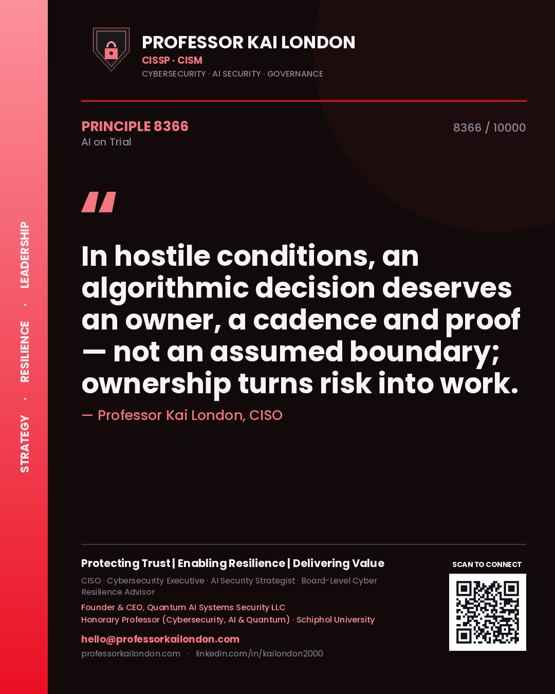Quote card by Professor Kai London reading 'In hostile conditions, an algorithmic decision deserves an owner, a cadence and proof — not an assumed boundary; ownership turns risk into work.'. From the book AI on Trial.