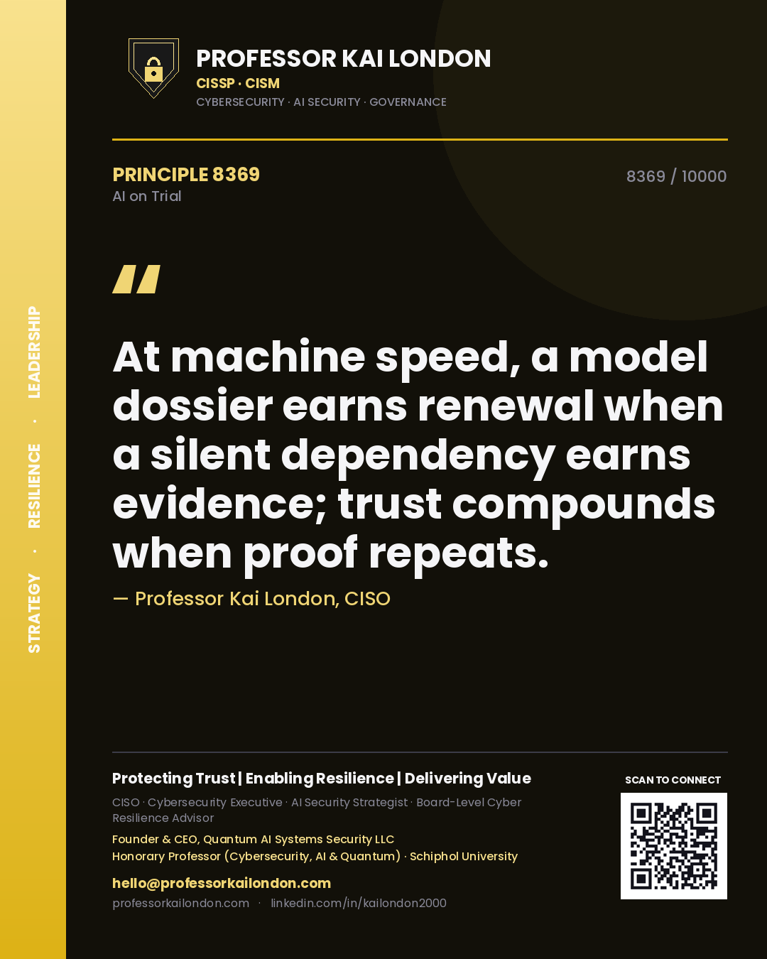 Quote card by Professor Kai London reading 'At machine speed, a model dossier earns renewal when a silent dependency earns evidence; trust compounds when proof repeats.'. From the book AI on Trial.