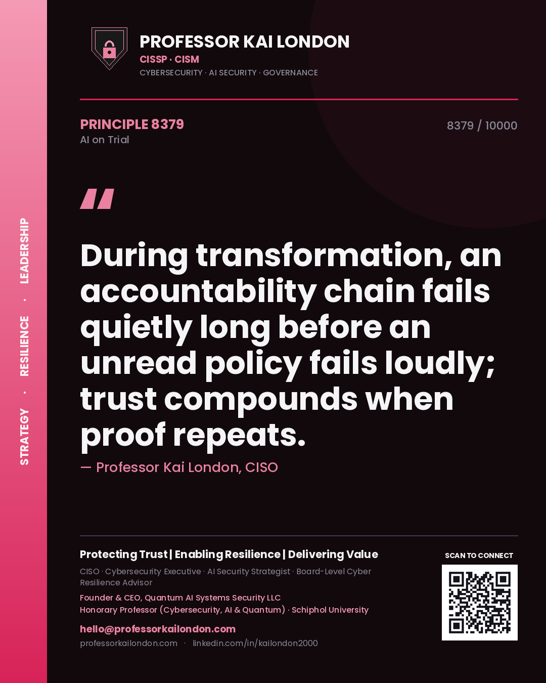 Quote card by Professor Kai London reading 'During transformation, an accountability chain fails quietly long before an unread policy fails loudly; trust compounds when proof repeats.'. From the book AI on Trial.