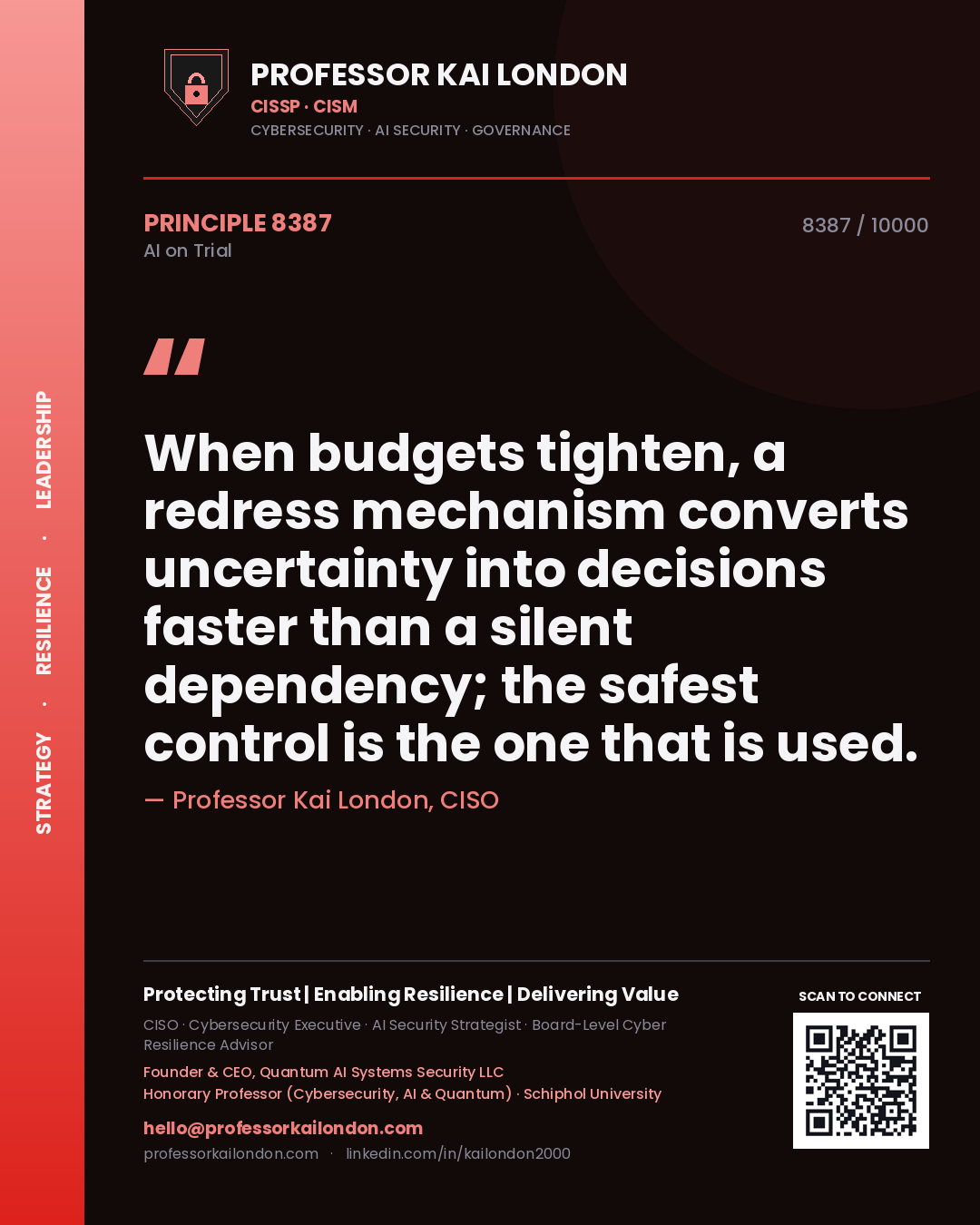 Quote card by Professor Kai London reading 'When budgets tighten, a redress mechanism converts uncertainty into decisions faster than a silent dependency; the safest control is the one that is used.'. From the book AI on Trial.