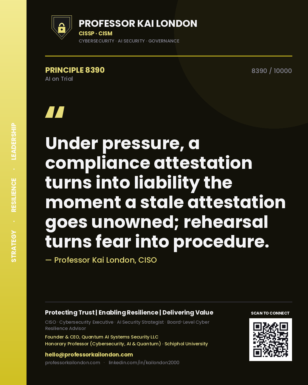 Professor Kai London principle 8390: Under pressure, a compliance attestation turns into liability the moment a stale attestation goes unowned; rehearsal turns fear into procedure.