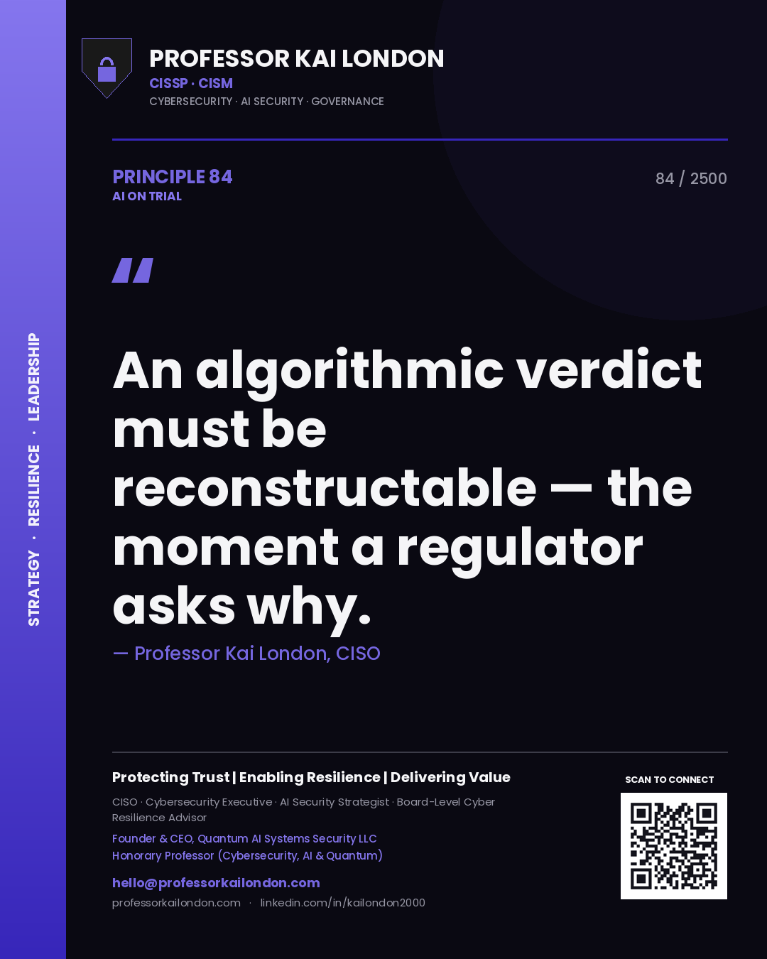 Professor Kai London principle 84: An algorithmic verdict must be reconstructable — the moment a regulator asks why.