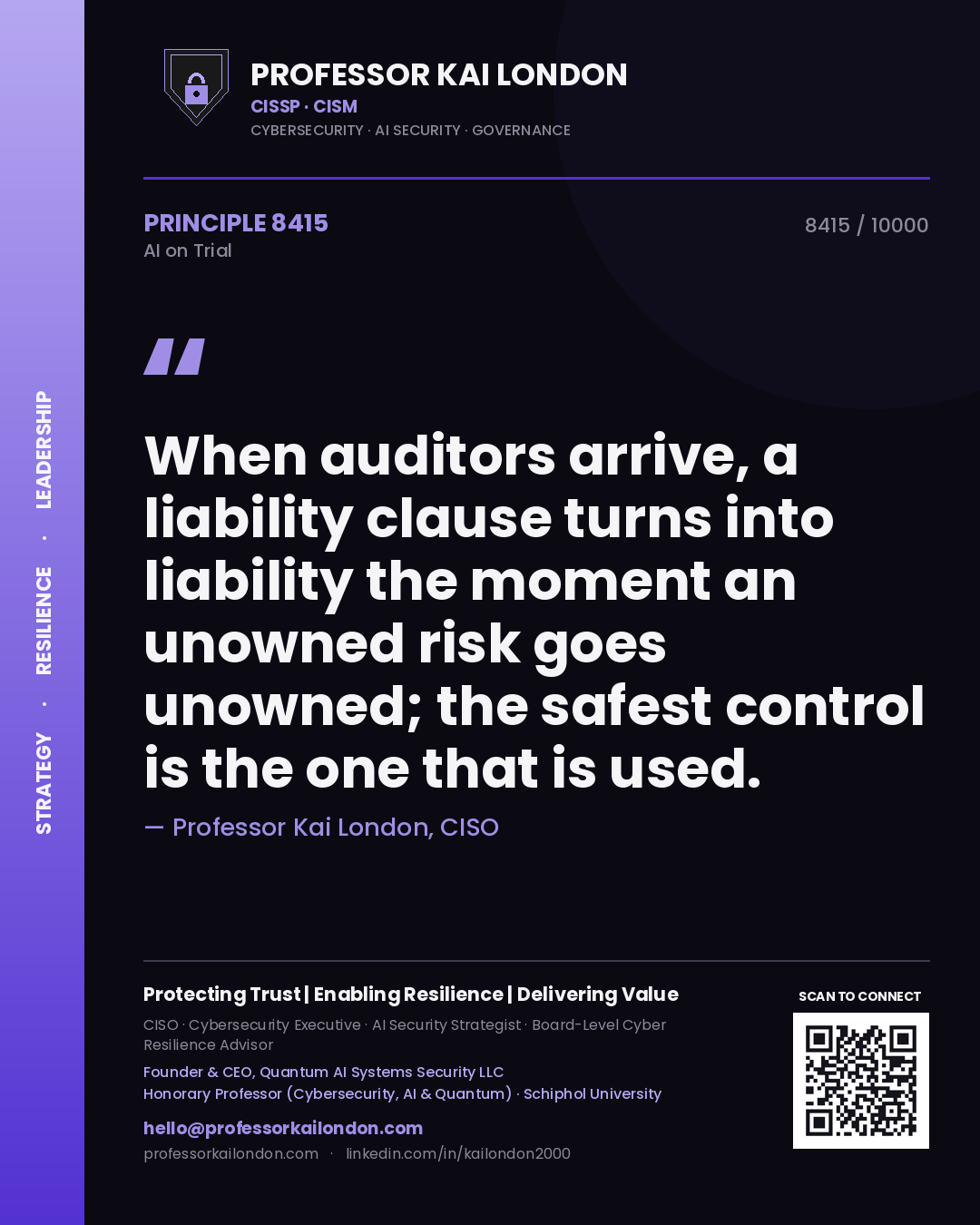 Professor Kai London principle 8415: When auditors arrive, a liability clause turns into liability the moment an unowned risk goes unowned; the safest control is the one that is used.