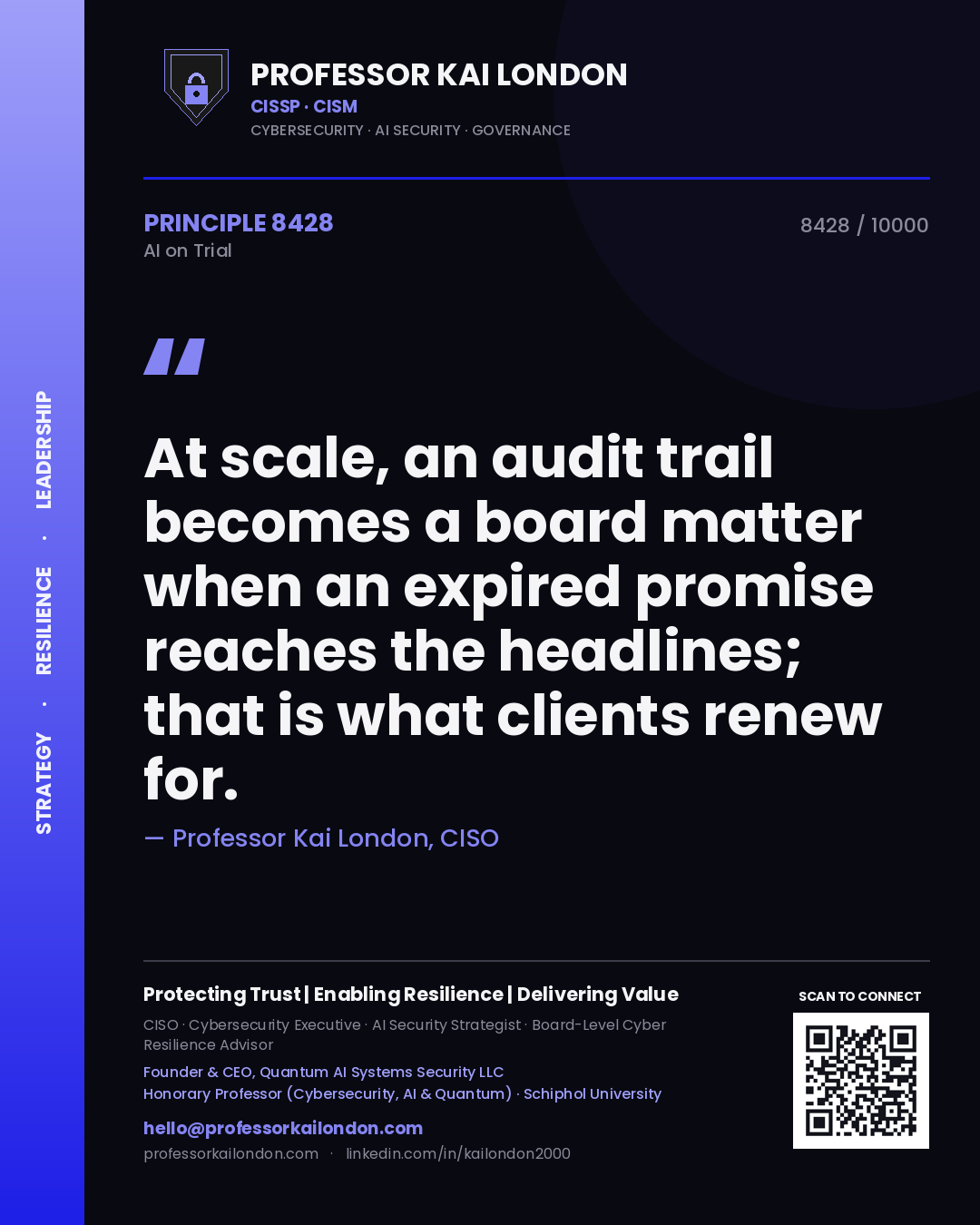 Professor Kai London principle 8428: At scale, an audit trail becomes a board matter when an expired promise reaches the headlines; that is what clients renew for.