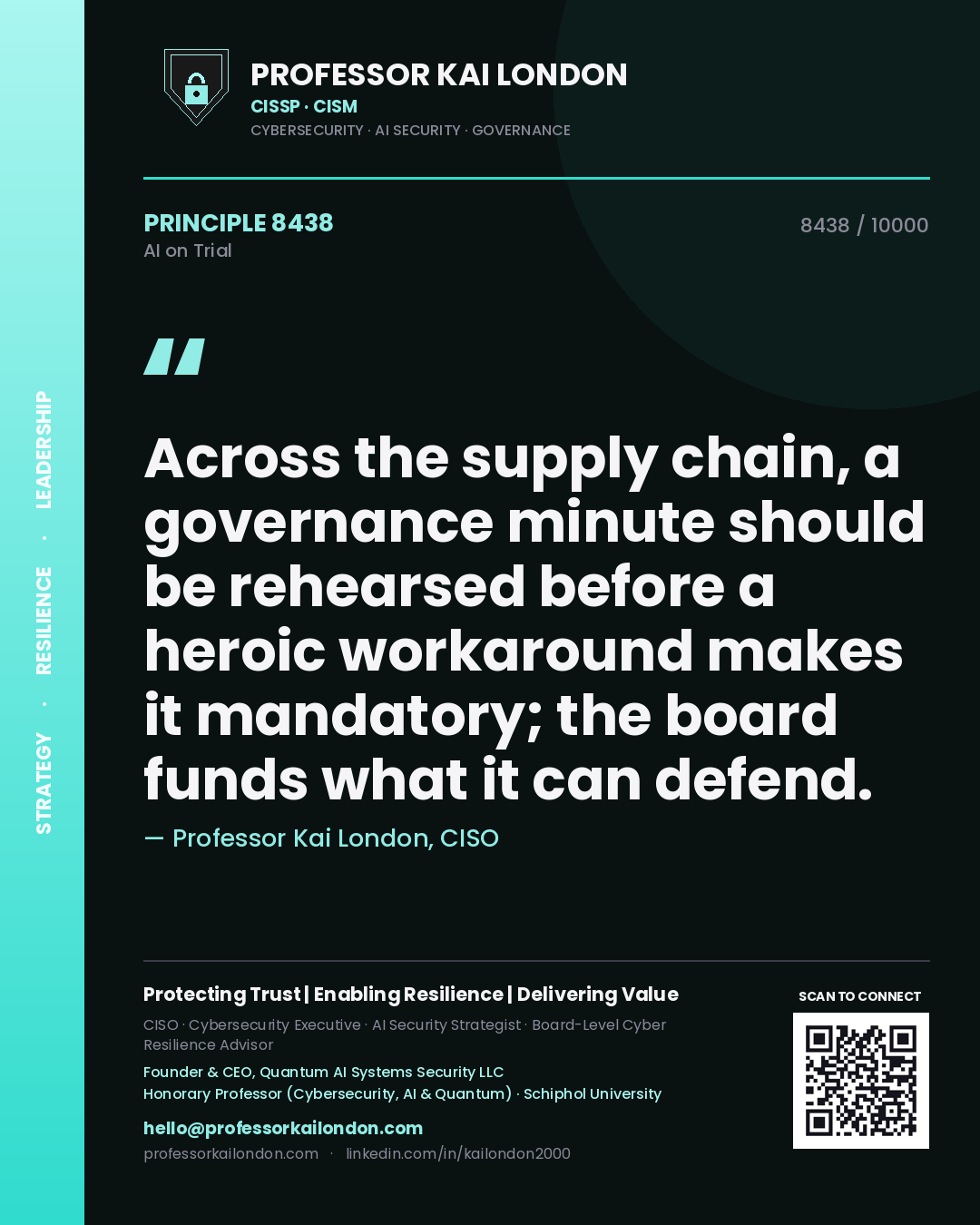 Professor Kai London principle 8438: Across the supply chain, a governance minute should be rehearsed before a heroic workaround makes it mandatory; the board funds what it can defend.