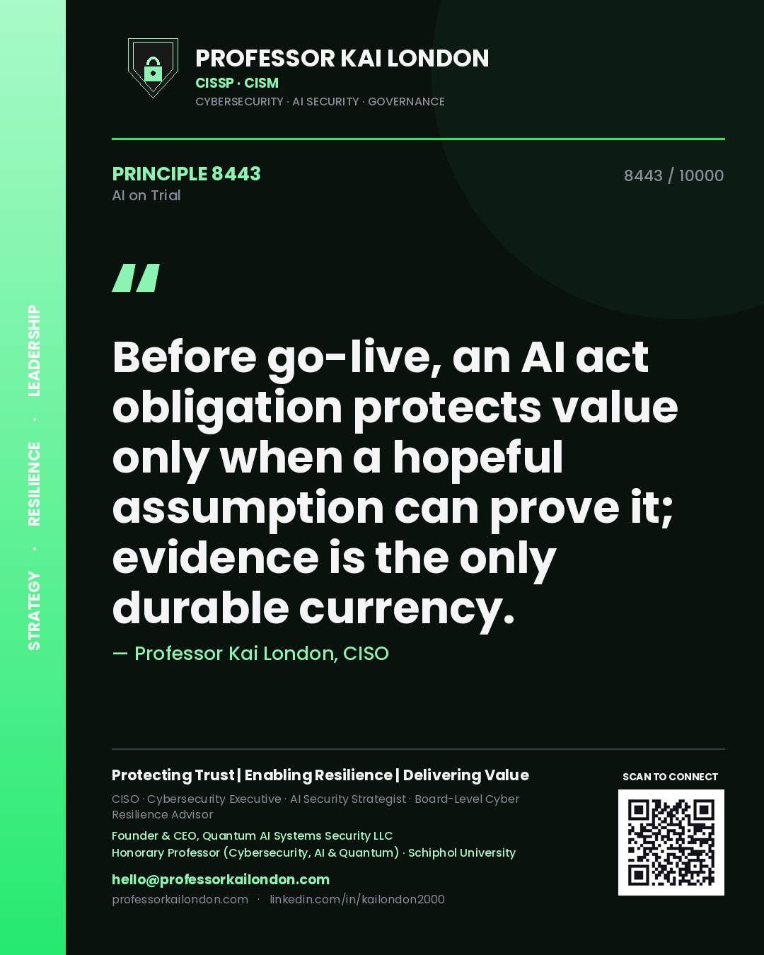 Professor Kai London principle 8443: Before go-live, an AI act obligation protects value only when a hopeful assumption can prove it; evidence is the only durable currency.