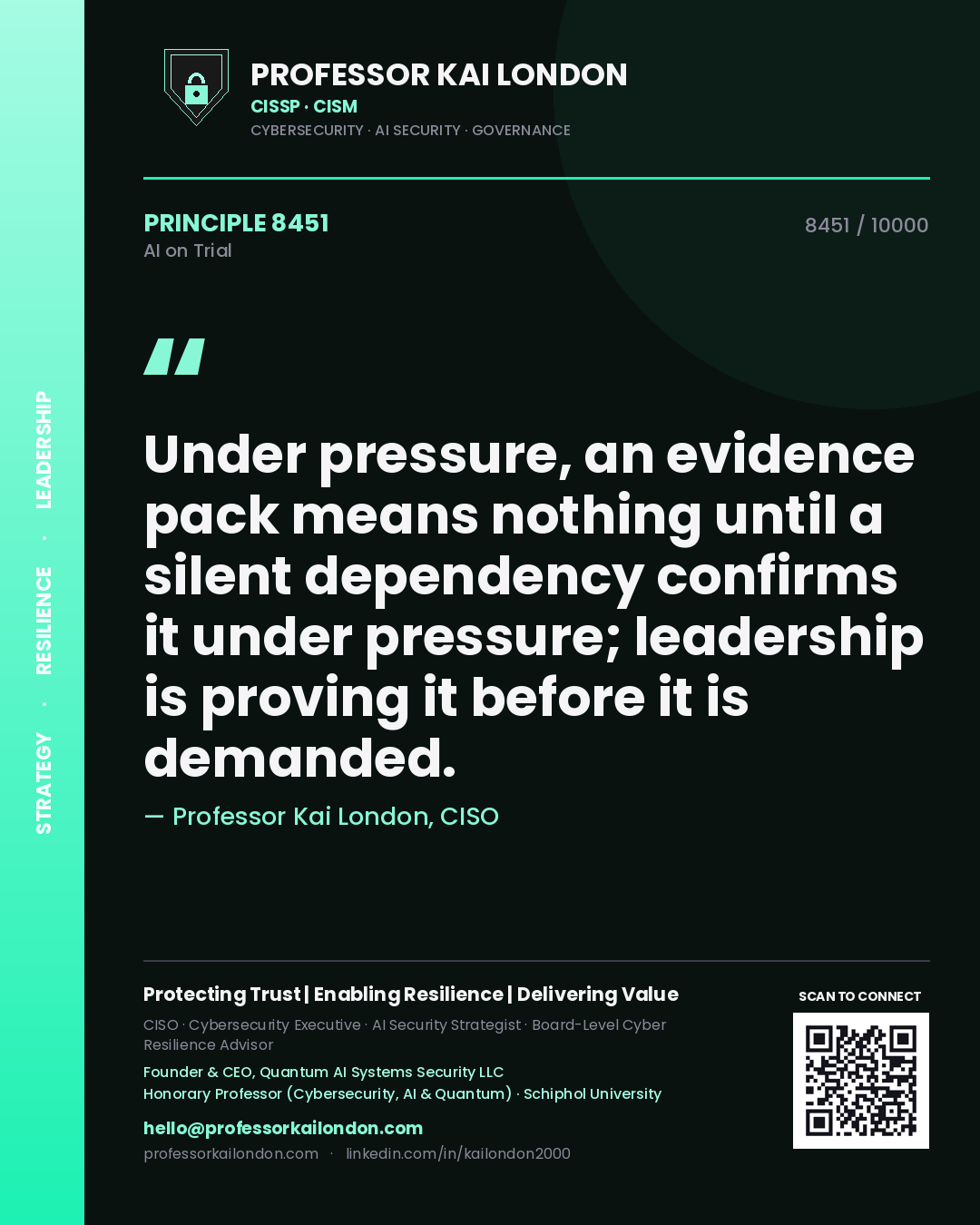 Quote card by Professor Kai London reading 'Under pressure, an evidence pack means nothing until a silent dependency confirms it under pressure; leadership is proving it before it is demanded.'. From the book AI on Trial.