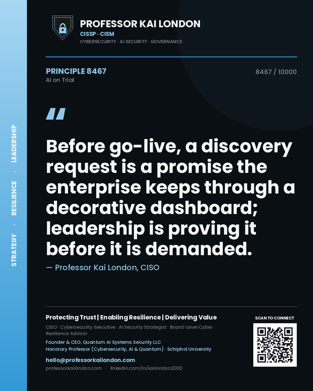 Professor Kai London principle 8467: Before go-live, a discovery request is a promise the enterprise keeps through a decorative dashboard; leadership is proving it before it is demanded.