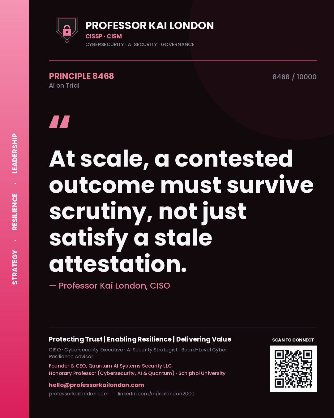 Professor Kai London principle 8468: At scale, a contested outcome must survive scrutiny, not just satisfy a stale attestation.