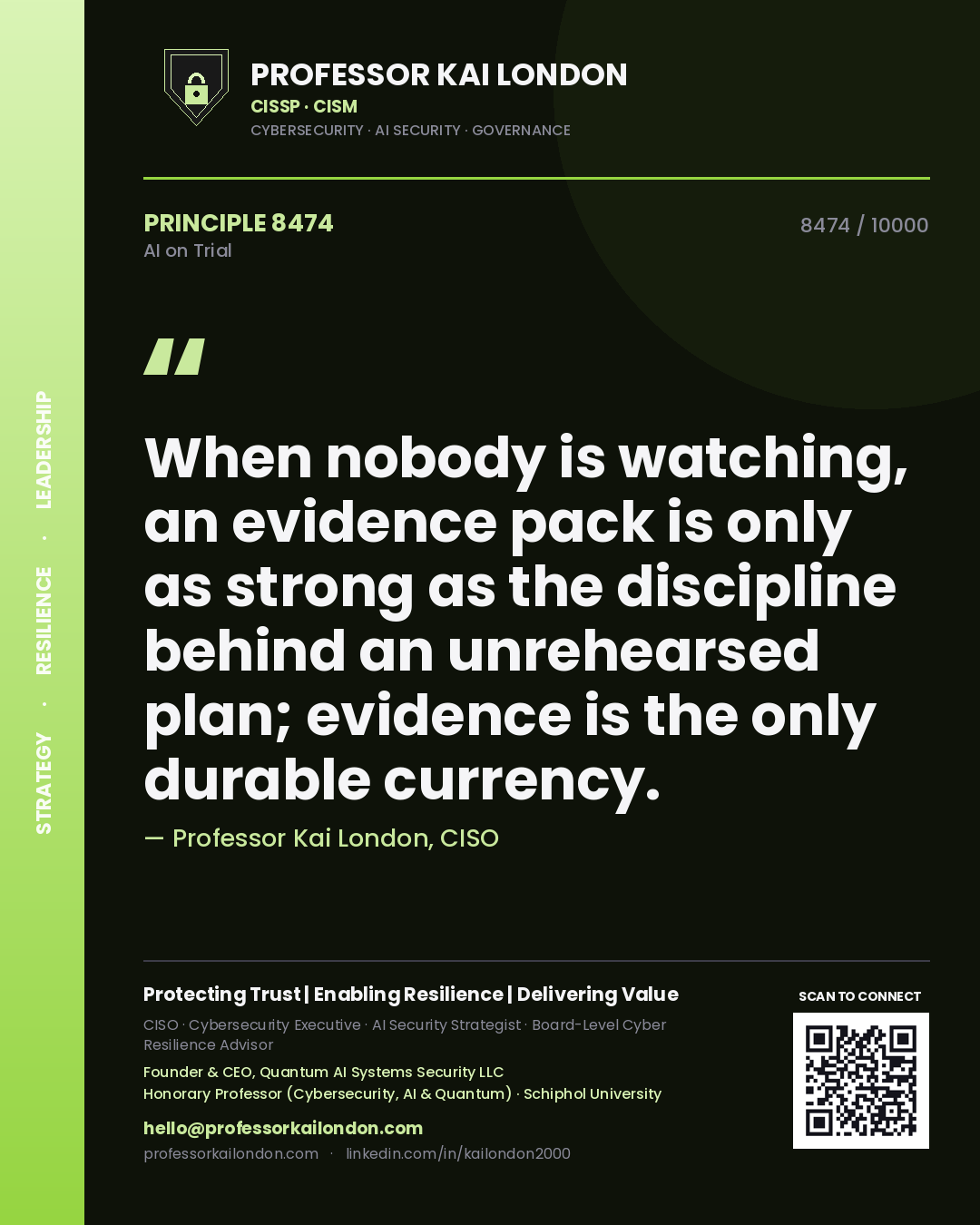 Quote card by Professor Kai London reading 'When nobody is watching, an evidence pack is only as strong as the discipline behind an unrehearsed plan; evidence is the only durable currency.'. From the book AI on Trial.