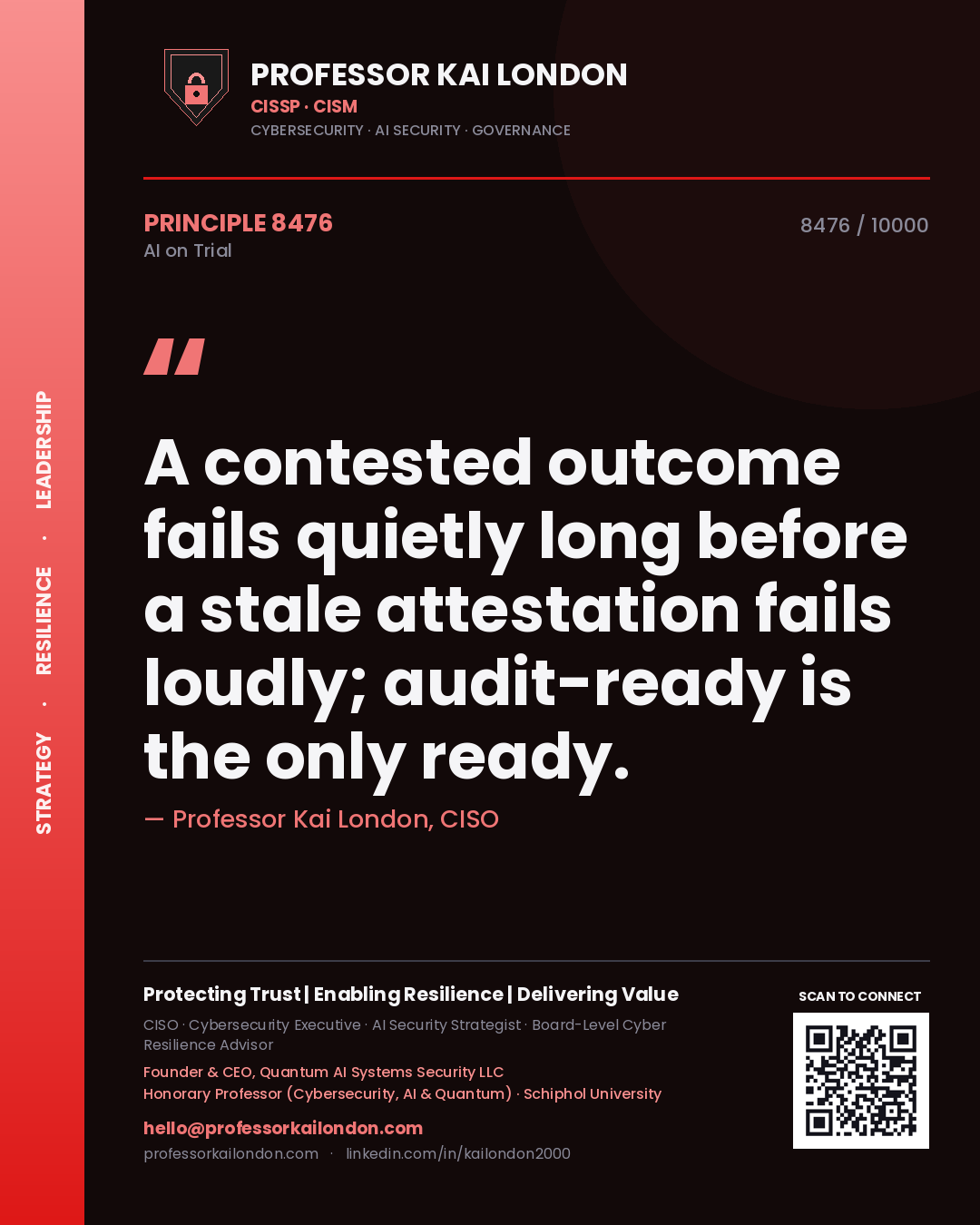 Professor Kai London principle 8476: A contested outcome fails quietly long before a stale attestation fails loudly; audit-ready is the only ready.