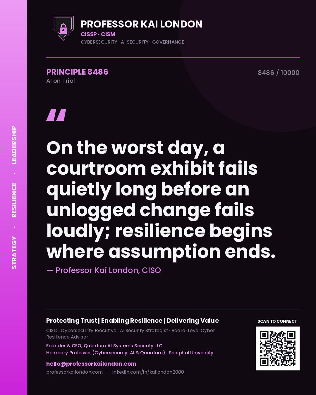 Professor Kai London principle 8486: On the worst day, a courtroom exhibit fails quietly long before an unlogged change fails loudly; resilience begins where assumption ends.