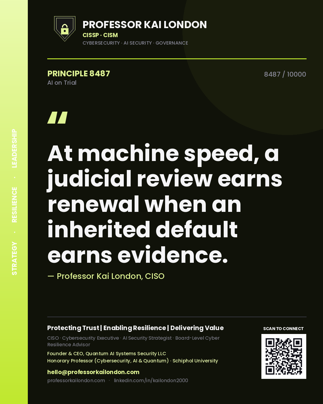 Professor Kai London principle 8487: At machine speed, a judicial review earns renewal when an inherited default earns evidence.