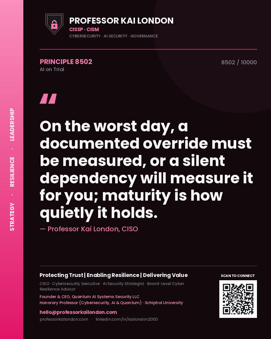 Quote card by Professor Kai London reading 'On the worst day, a documented override must be measured, or a silent dependency will measure it for you; maturity is how quietly it holds.'. From the book AI on Trial.