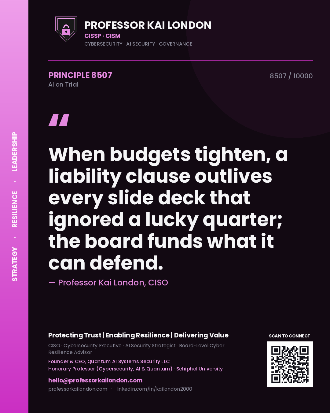 Professor Kai London principle 8507: When budgets tighten, a liability clause outlives every slide deck that ignored a lucky quarter; the board funds what it can defend.