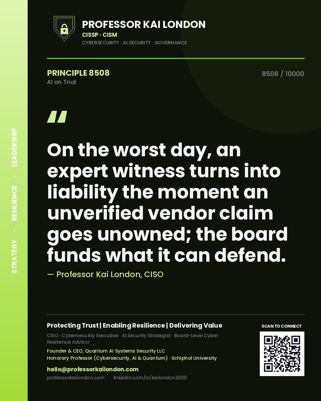 Quote card by Professor Kai London reading 'On the worst day, an expert witness turns into liability the moment an unverified vendor claim goes unowned; the board funds what it can defend.'. From the book AI on Trial.